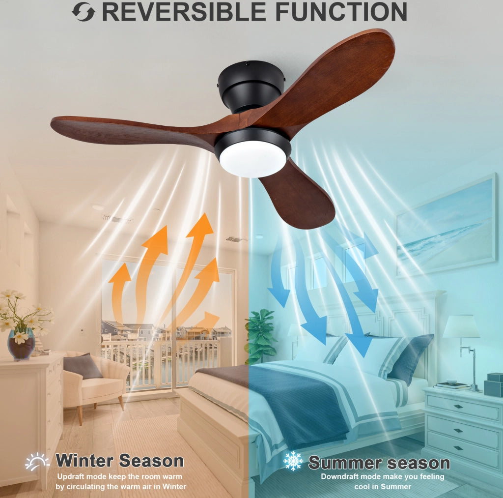 Ventilatore da soffitto 36" con pale in legno massello, illuminazione LED regolabile e telecomando, 6 velocità, rotazione avanti/indietro