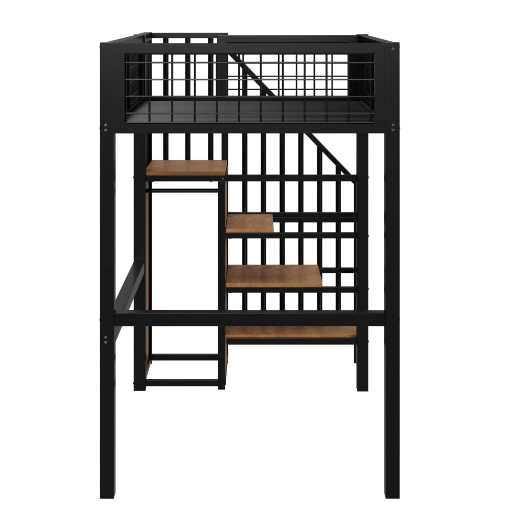 Letto a soppalco 90x200 cm nero in metallo con scala di sicurezza e armadio
