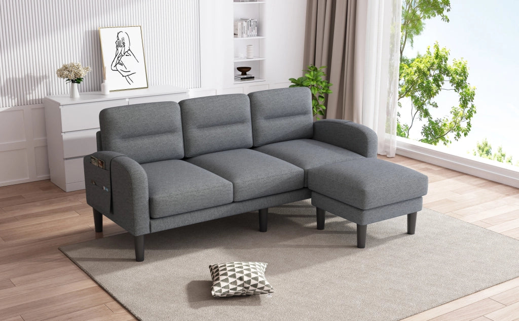 Divano angolare a L 3 posti con chaiselongue grigio 204x136x80 cm con tasche laterali e 10 piedi