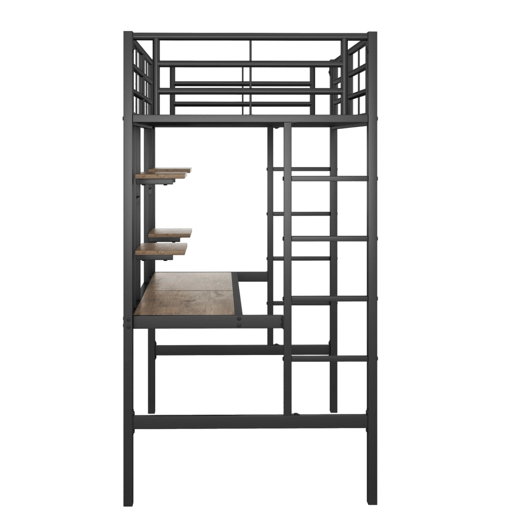 Letto a soppalco 90x200 cm con scrivania e 2 ripiani in metallo e MDF nero