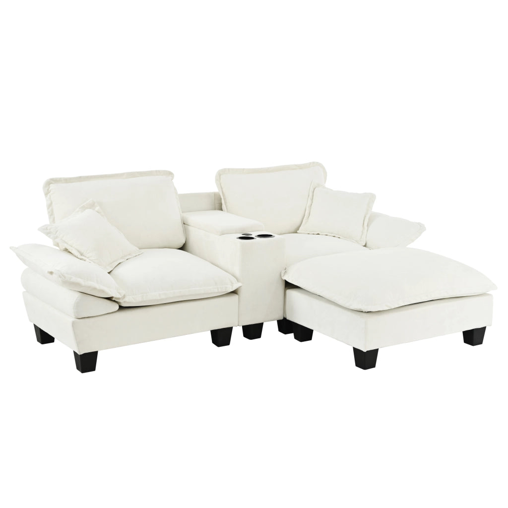 Divano Angolare Modulare con Ottomane ¨C MINIMAL ¨C Chenille Beige, Portabicchieri, USB, Cuscini