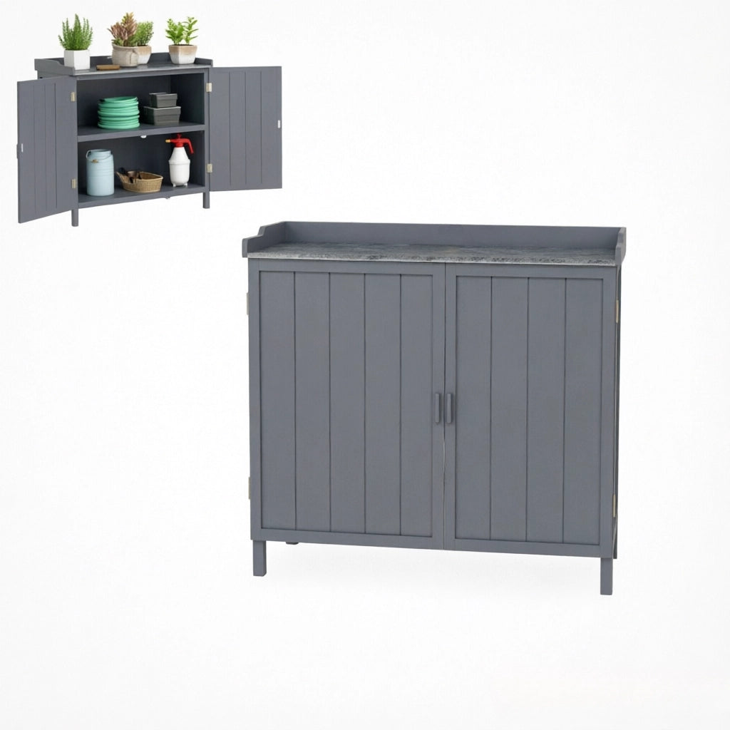Mobile contenitore da giardino con 2 ante ripiano e piano di lavoro per balcone e terrazza 98×48×95.5 cm