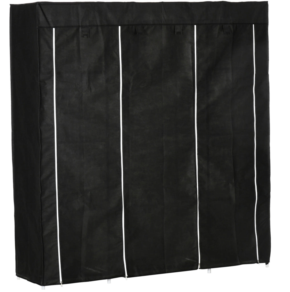 Armadio tessile nero con barra appendiabiti e 10 ripiani