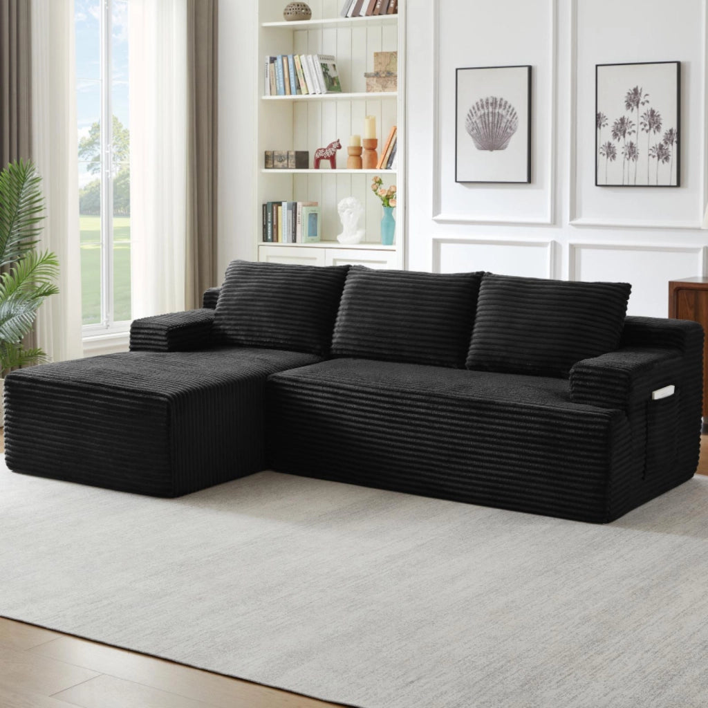 Divano a L, divano senza struttura, divano letto modulare, seduta profonda e confortevole, nero