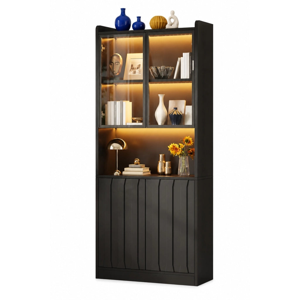 Vetrina alta 80x35x200 cm in truciolato e vetro temperato nero con LED -