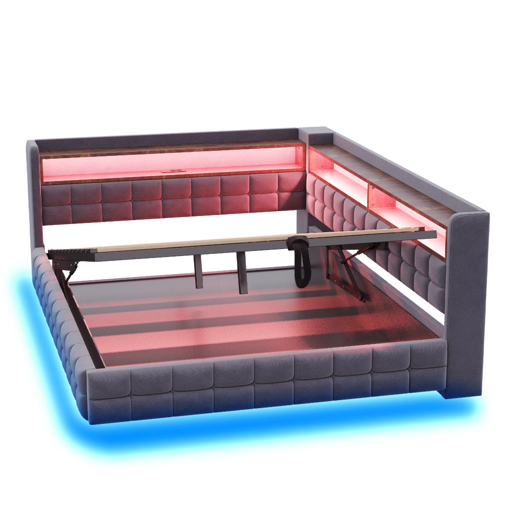 Divano letto 140 × 200 cm con vano contenitore idraulico; ripiani in legno; LED e prese USB Type-C grigio