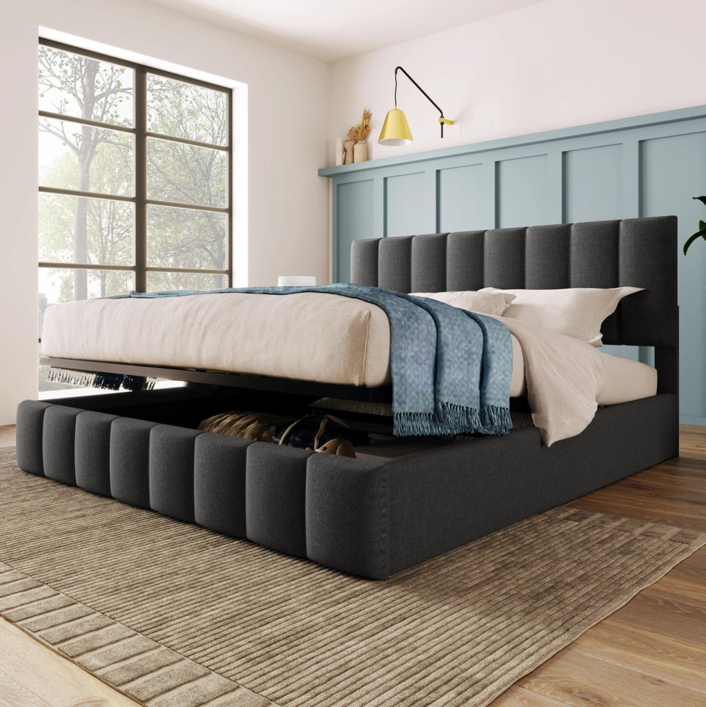 Letto imbottito 140x200 cm con testiera regolabile, contenitore e materasso grigio