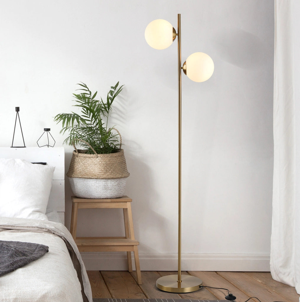 Lampada da Terra YEAVIO 165 cm con Paralume in Vetro, Struttura in Acciaio, Colore Oro e Bianco