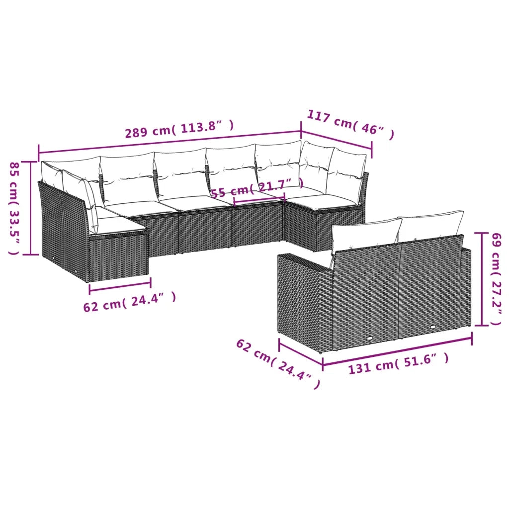 Set Divano da Giardino 9 pz con Cuscini Beige in Polyrattan 3251756