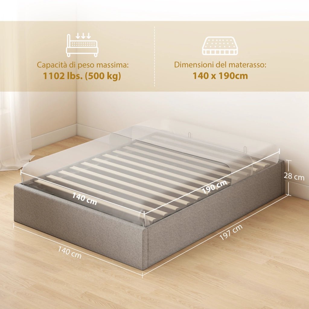 Letto Contenitore Matrimoniale 190x140 cm Doghe in Legno Pistone a Gas e Rivestimento in Tessuto Grigio