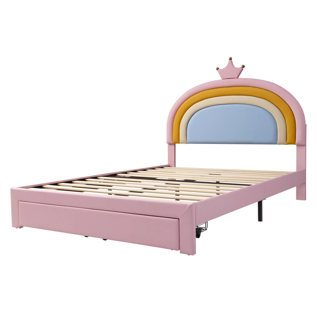 Letto per bambini 140 × 200 cm con 2 cassetti e testiera regolabile, senza materasso, con rivestimento in PU rosa