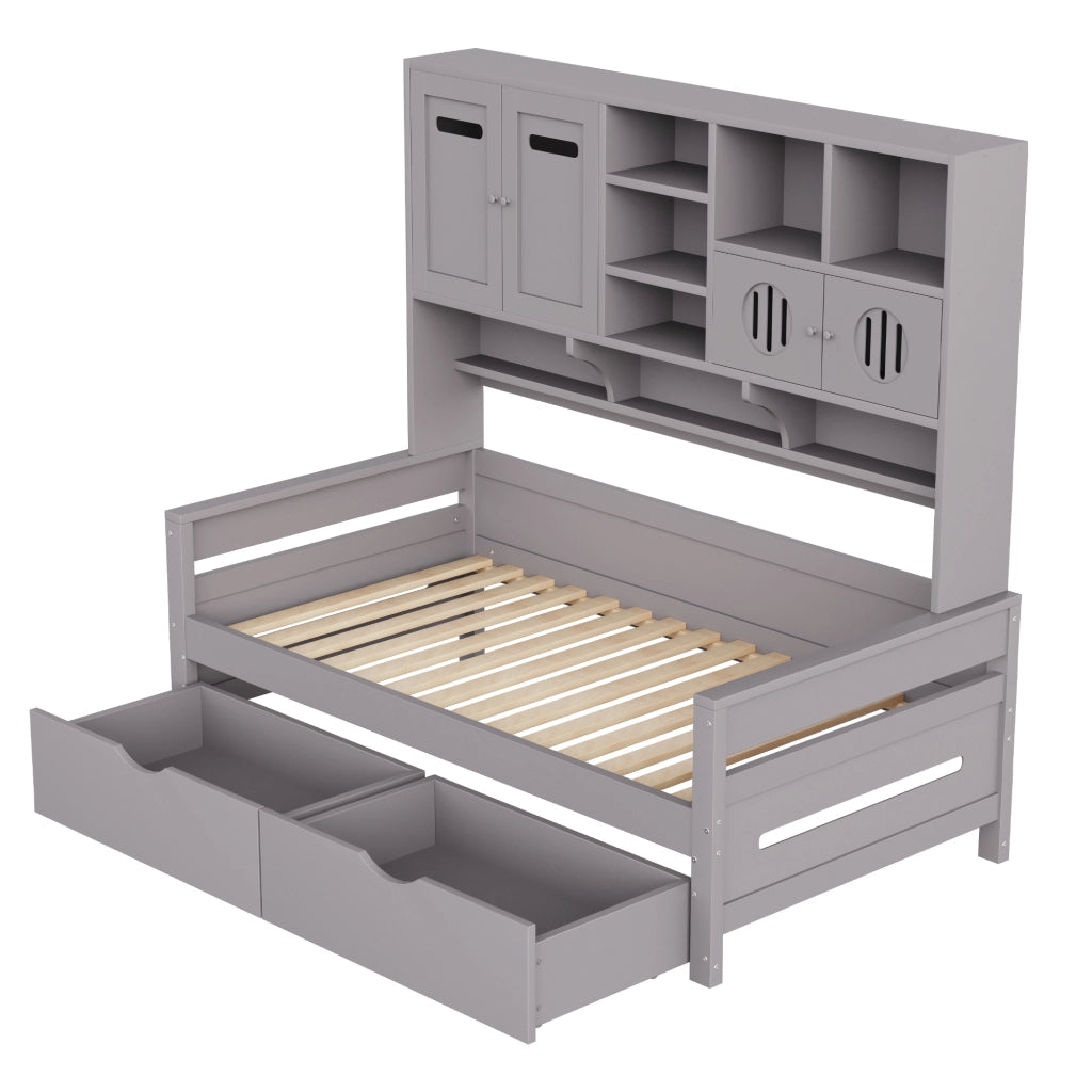 Letto con cassetti 90 × 200 cm con vano multifunzione e rete a 15 doghe in legno di pino grigio