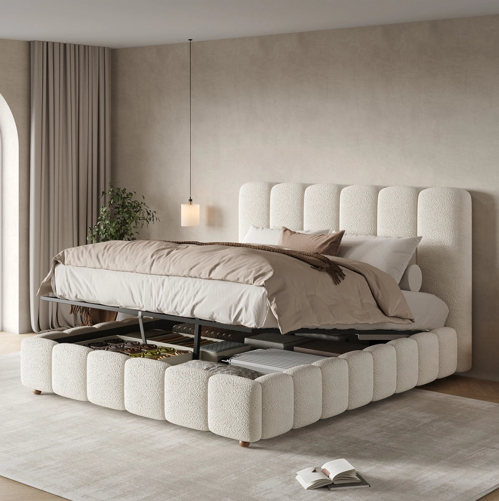 Letto matrimoniale contenitore 140x200 cm in bouclé bianco con rete a doghe HOMVRA