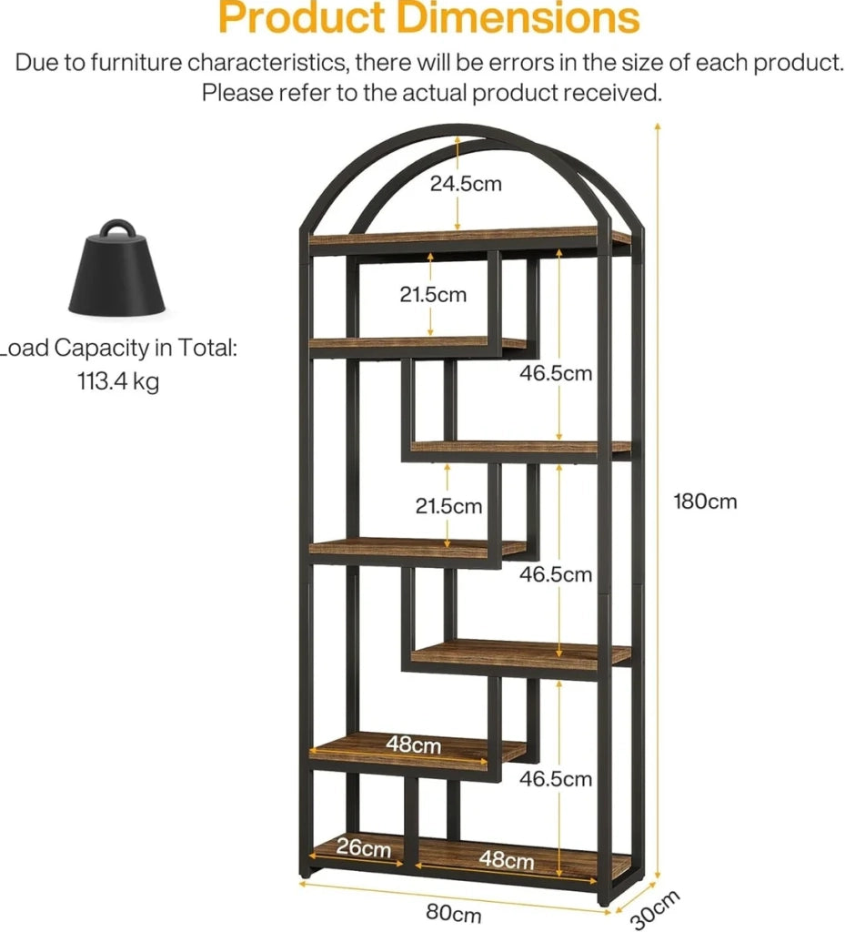 Libreria 80x30x180 cm in MDF e metallo nero, 7 ripiani, salvaspazio