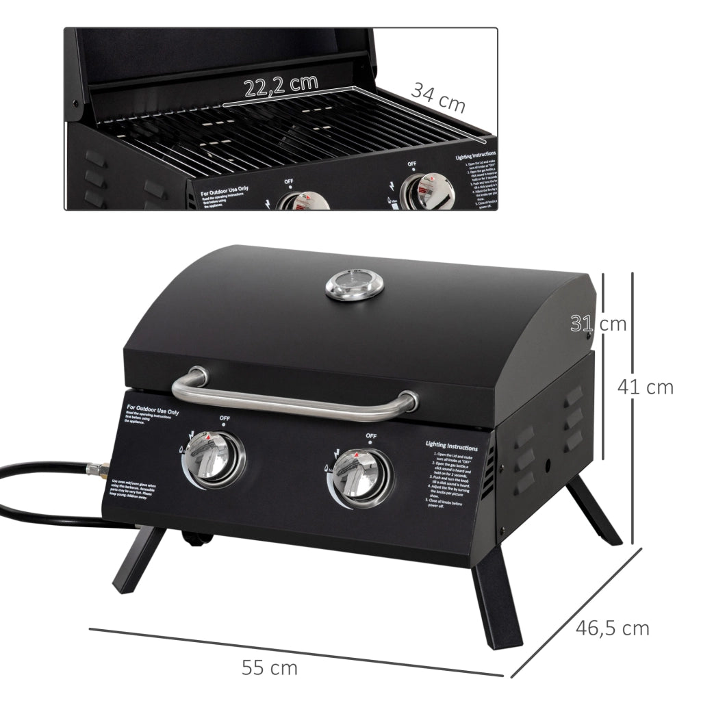 Barbecue a Gas da Tavolo Pieghevole ¨C Xylo ¨C 2 Bruciatori 5KW Acciaio Nero