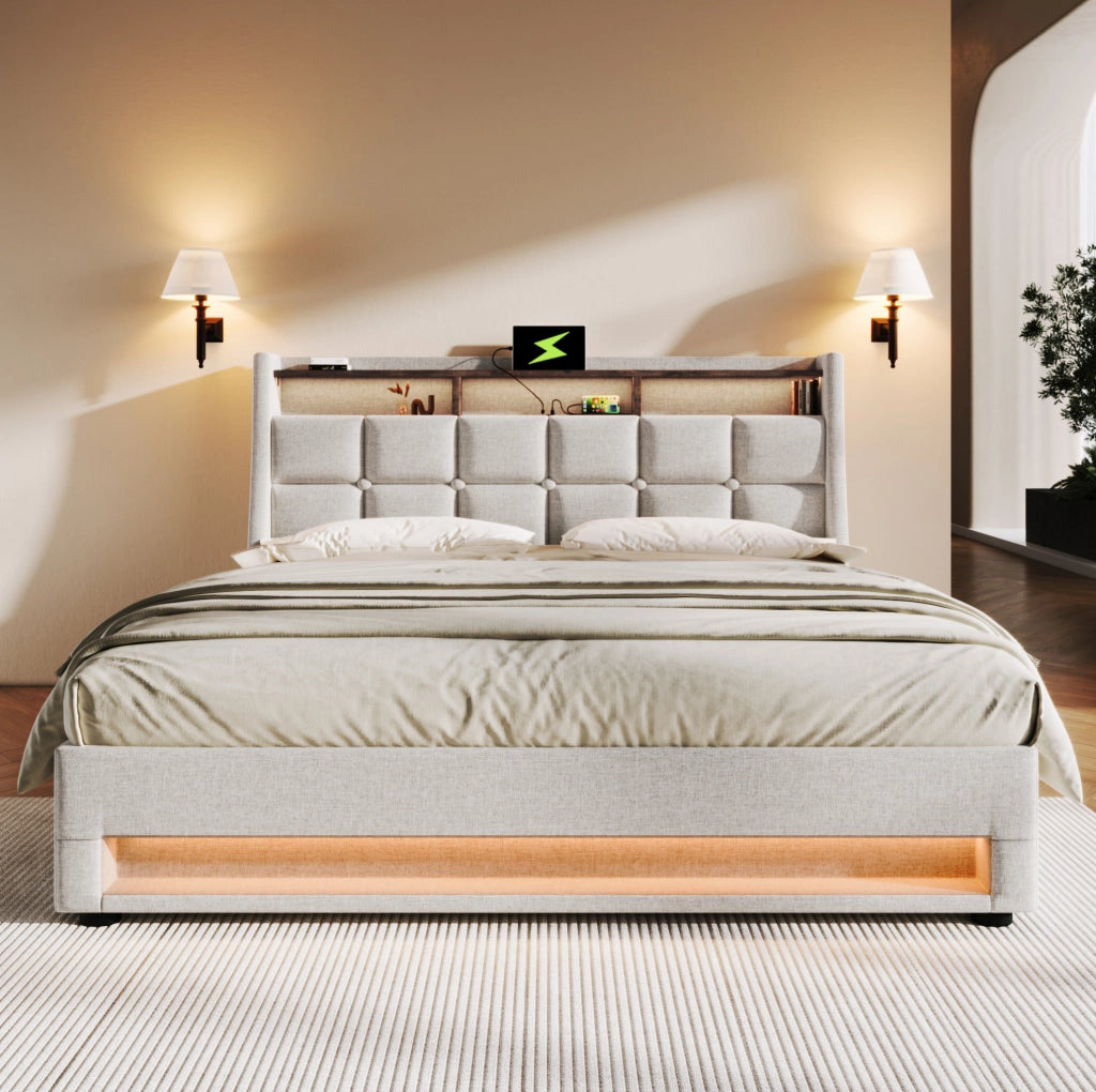 Letto matrimoniale 140x200 cm con contenitore; LED e USB in lino beige chiaro