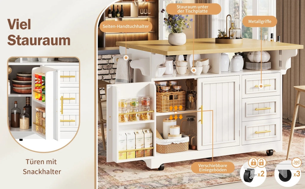 Isola Cucina Multifunzionale su Ruote con Estensione Tavolo Regolabile, Piani Ribaltabili Lato Doppio, Ante a Motivo Verticale, Ampio Spazio con Cassetti