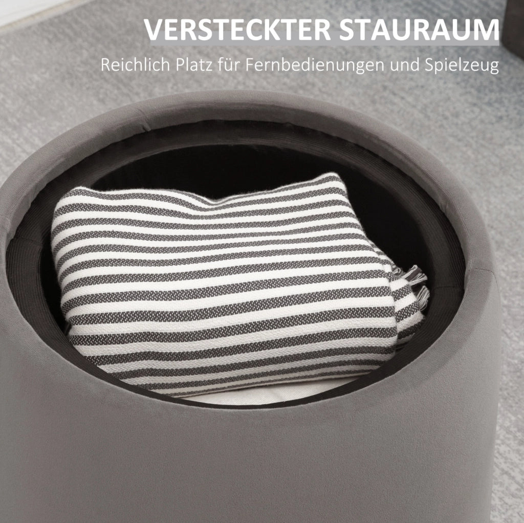 Pouf rotondo 2-in-1 con contenitore e rivestimento in velluto grigio scuro, Ø44 x 47,5 cm