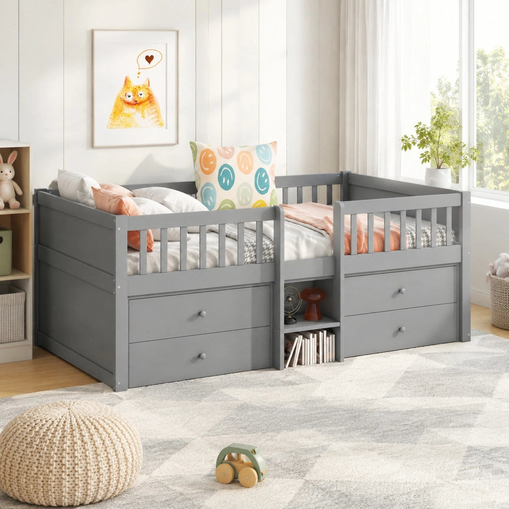 Letto a soppalco basso con 4 cassetti, sponde e scala