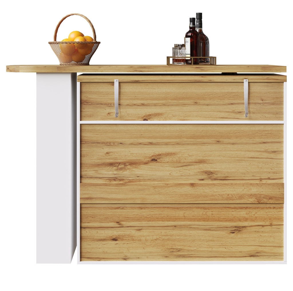 Tavolo bar girevole ed estensibile con contenitore 138-204x39x104 cm in MDF bianco con ripiani
