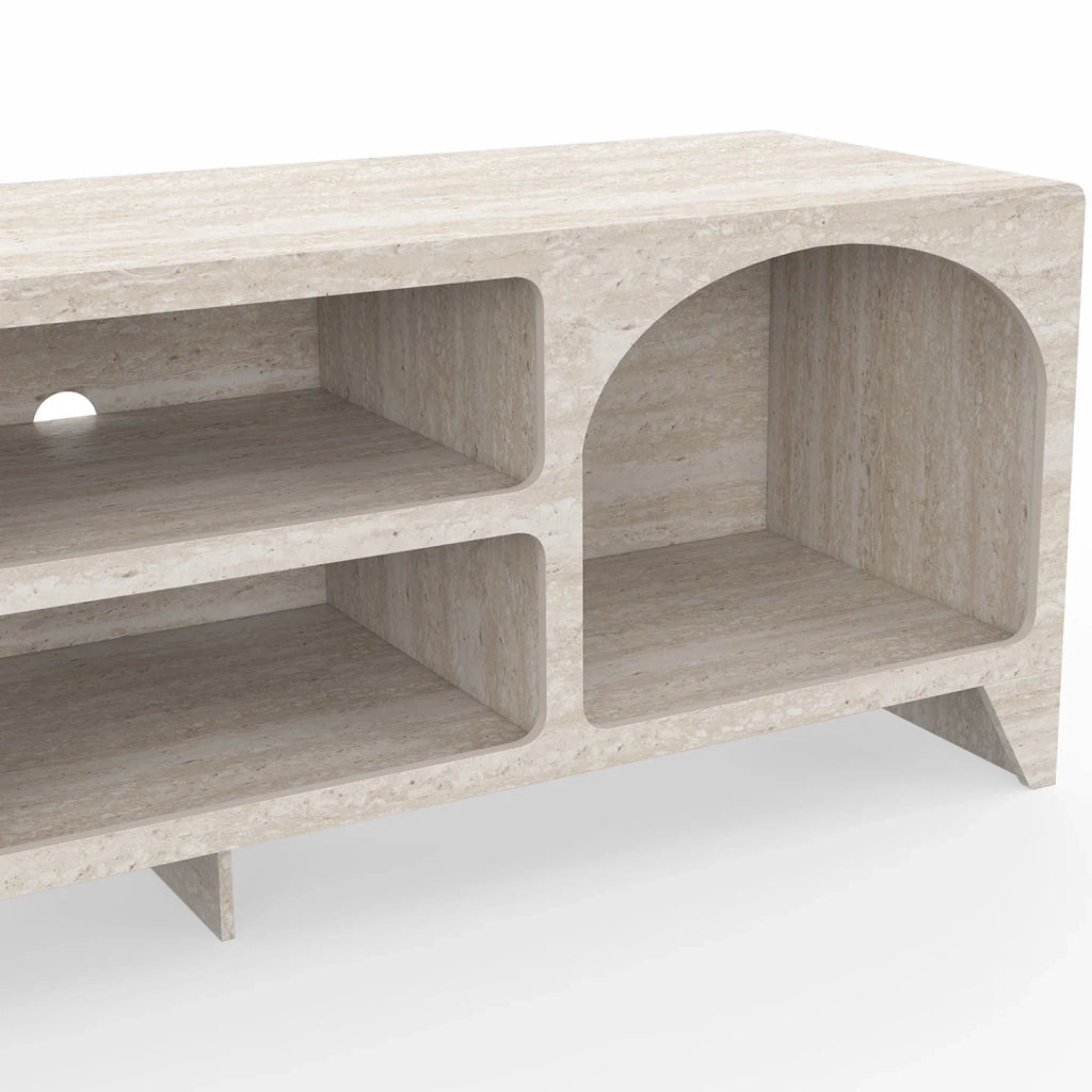 IDMarket - Mobile TV ALESIA da 140 cm dal design organico, con 6 nicchie in legno effetto travertino