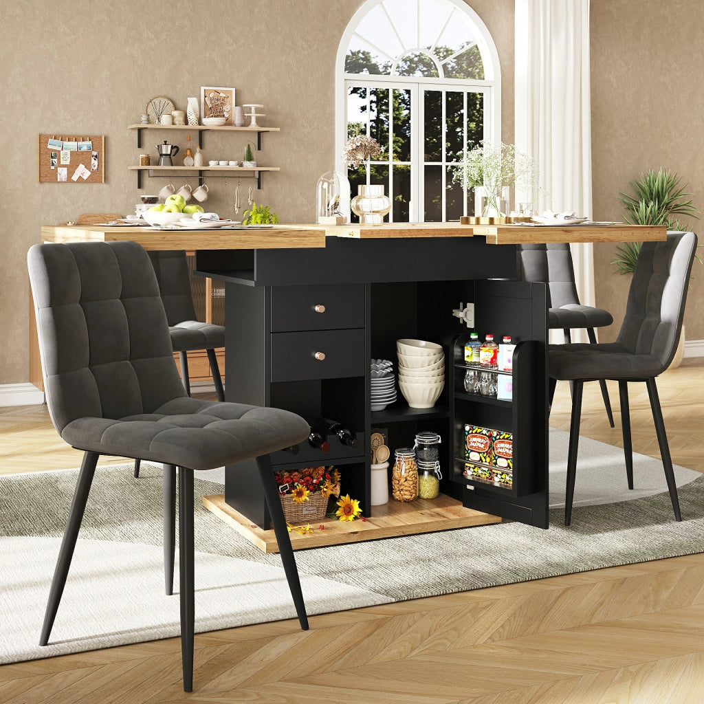 Tavolo allungabile con cassetto; ripiani regolabili e porta snack e vino in MDF nero e naturale 110-140 × 80 × 75 cm