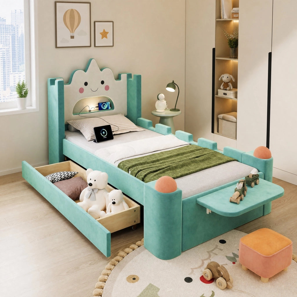 Letto per bambini 90 × 200 cm con lampada LED, USB, cassetto e mensola pieghevole, senza materasso, blu verde