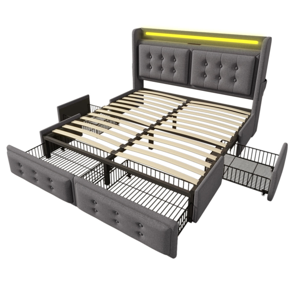 Letto con Cassetti 180 x 200 cm; Letto Matrimoniale - LED; USB e Type-C - Grigio