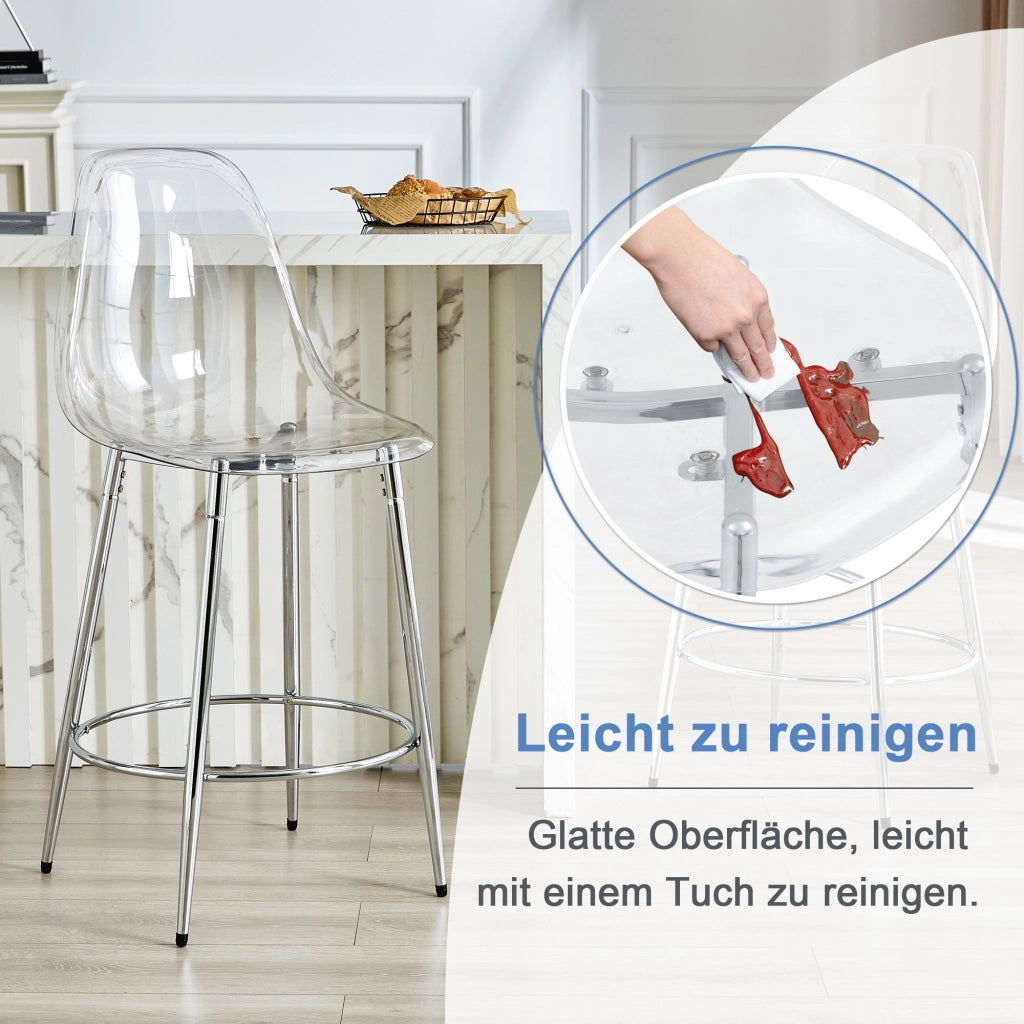 Sgabello da bar 2 pezzi con schienale ergonomico e poggiapiedi, in Metallo e Plastica, Argento e Trasparente