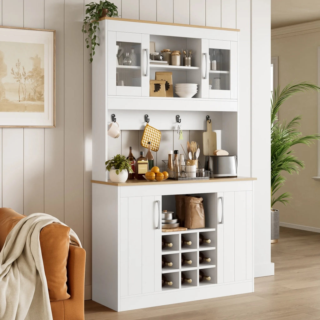 Credenza da cucina con vetrina 175 cm, mobile porta piatti con ripiano vini e appendiabiti, per cucina, sala da pranzo e soggiorno