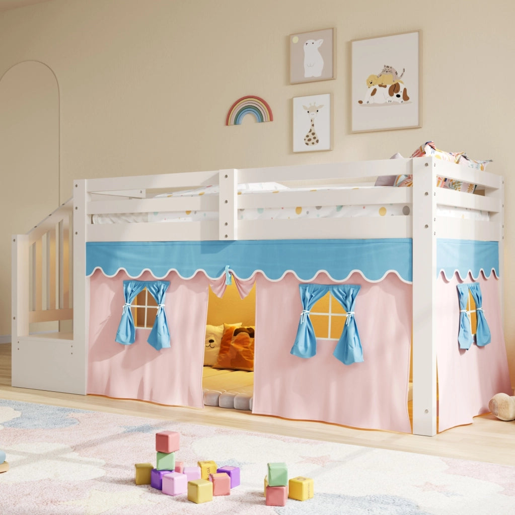 Letto semi-alto 90x200 cm bianco in pino e MDF con tenda oscurante; LED e mobile scala HOMVRA