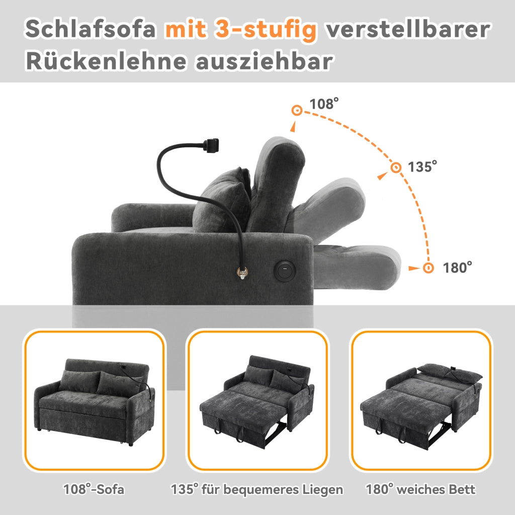 OKWISH Divano Letto 2 Posti, Schienale Regolabile a 3 Posizioni con Porte USB, Supporto per Telefono e Tasche, Ciniglia Grigia