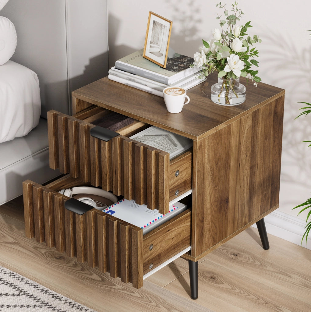 Comodino moderno con 2 cassetti 45x40x53 cm in MDF color noce HAVRYA