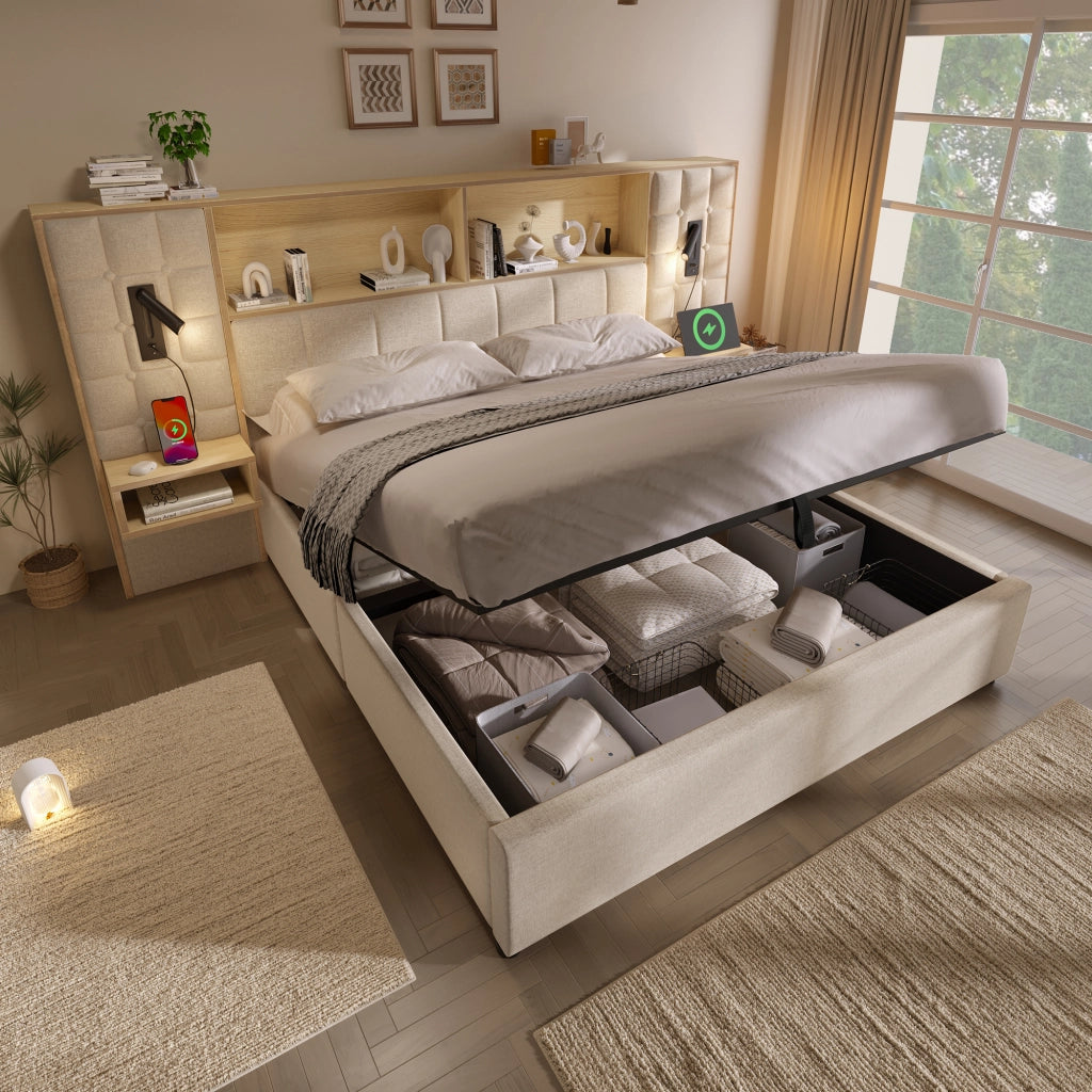 Letto contenitore matrimoniale 160 × 200 cm con LED; 2 lampade da lettura; USB e Type-C; senza materasso; beige