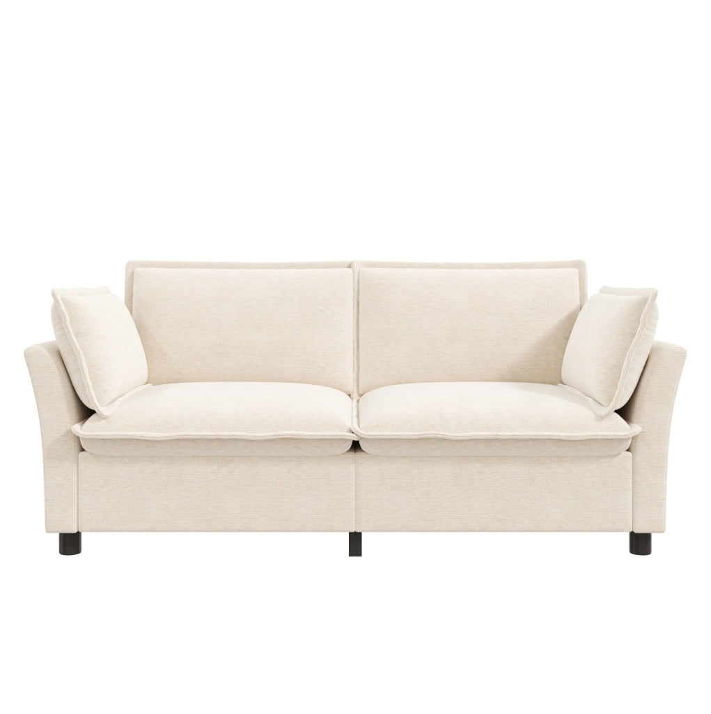 Divano compatto beige a 2 posti in ciniglia con 2 cuscini
