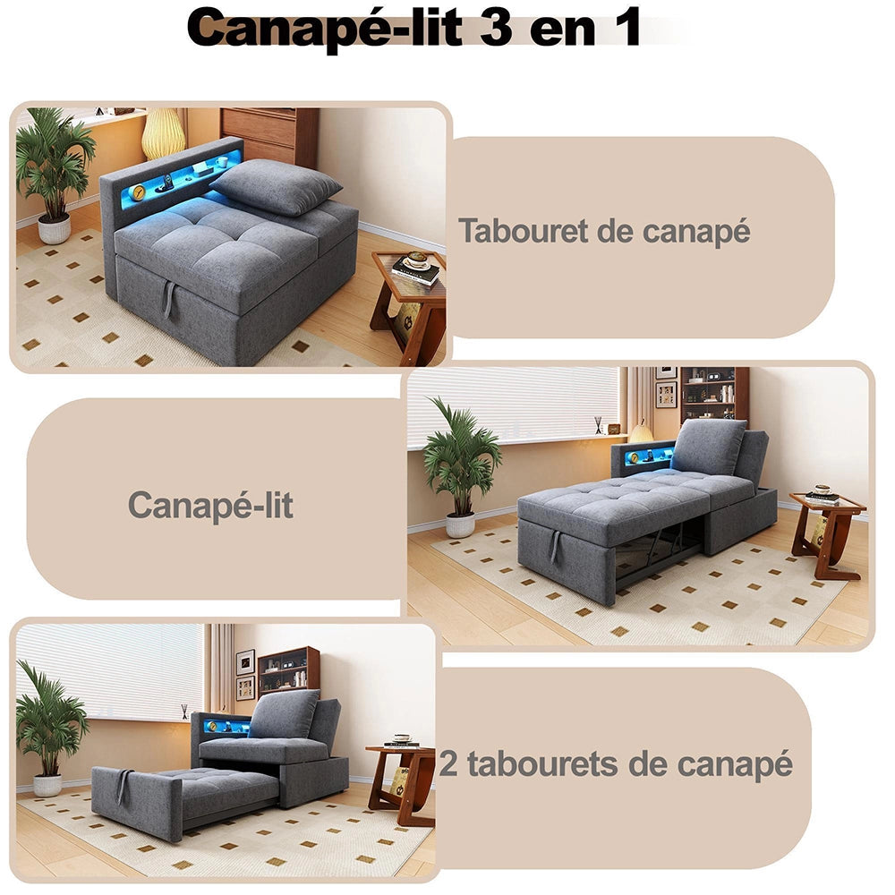 Divano letto 3 in 1 multifunzione - Xylo - tessuto lino, schienale regolabile, braccioli con LED e USB/Type-C