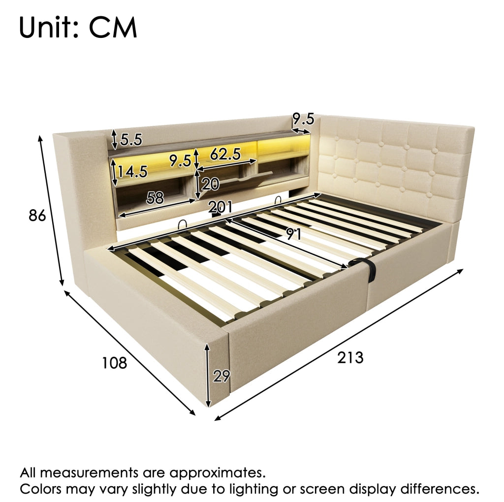 Letto singolo imbottito 90x200 cm con contenitore idraulico, testiera angolare reversibile, illuminazione LED e materasso incluso, tessuto in lino beige