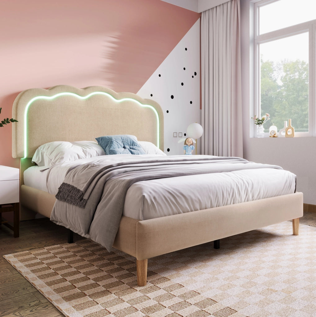 Letto imbottito LED beige 140 x 200 cm con testiera regolabile