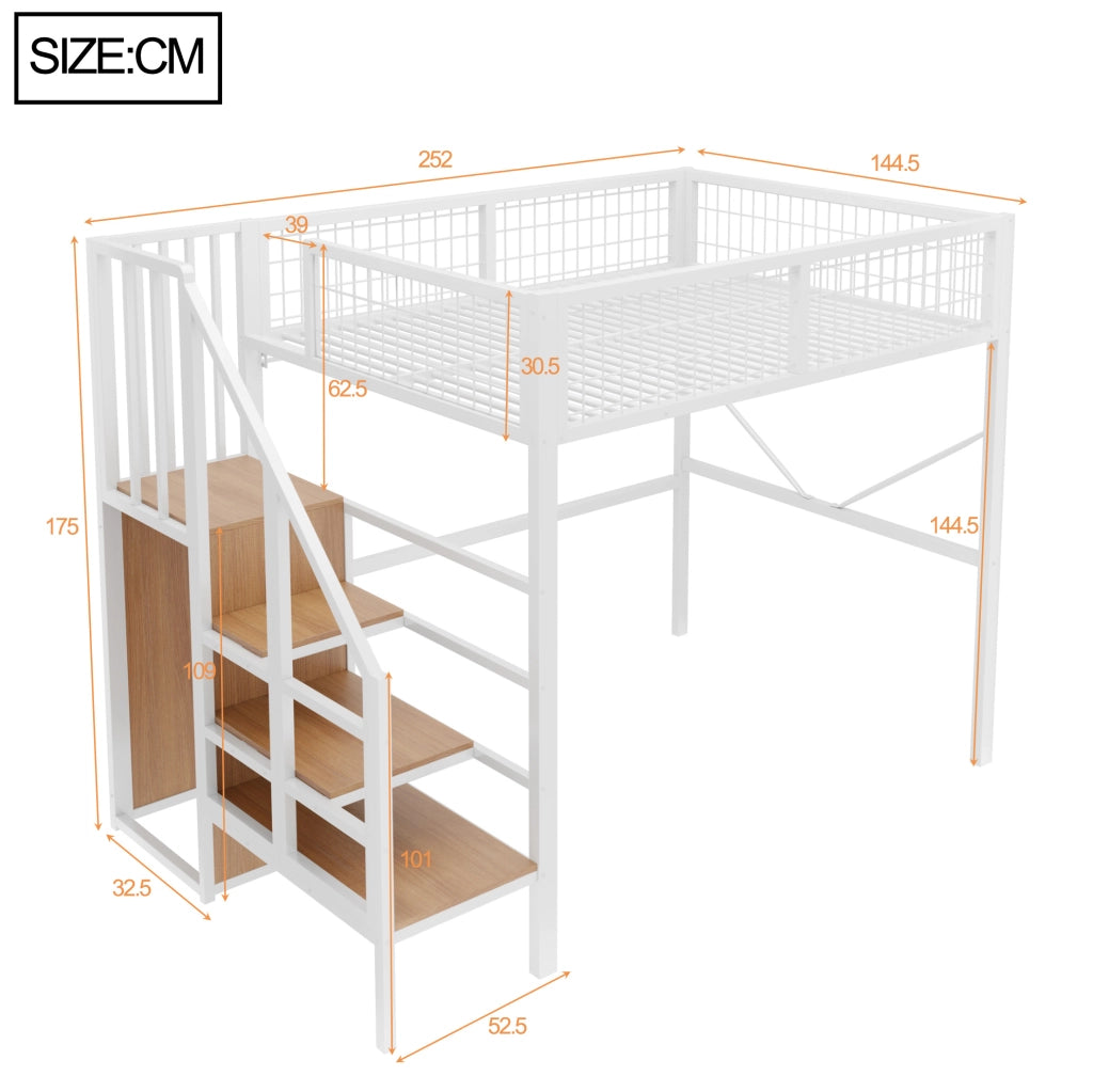 LETTO A Soppalco 140x200 cm Metallo e Legno Bianco con Scala Contenitore LED