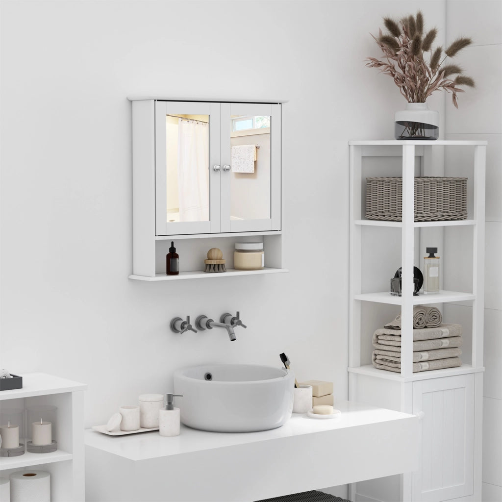 Specchio Bagno Contenitore con Ante e Ripiani Regolabili, Specchiera Bagno in Vetro, Mobiletto Armadietto a Muro con Specchio, 56x13x58cm, Bianco