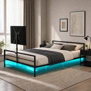 DESMIU Letto adulto in metallo nero con supporto schermo regolabile, LED, cestello portaoggetti, senza materasso