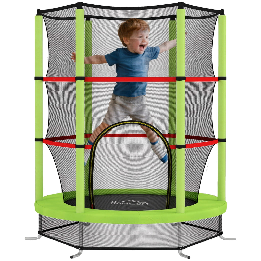 Tappeto Elastico per Bambini 3-6 Anni con Rete di Protezione, 6 Colonne e 3 Ingressi, ?140x190 cm, Verde e Nero