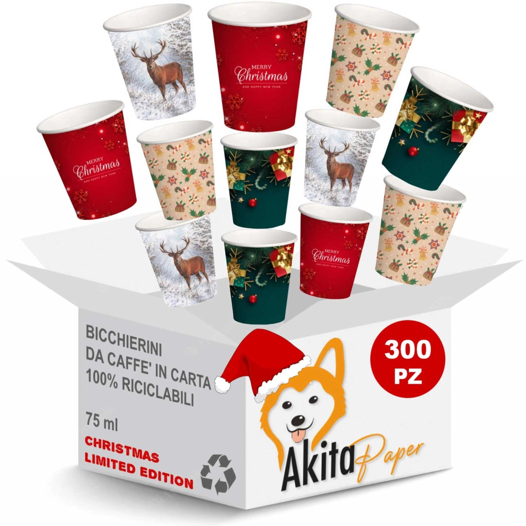Akitaink 300 Bicchieri Caffe' Natale 75ml Carta Biodegradabili