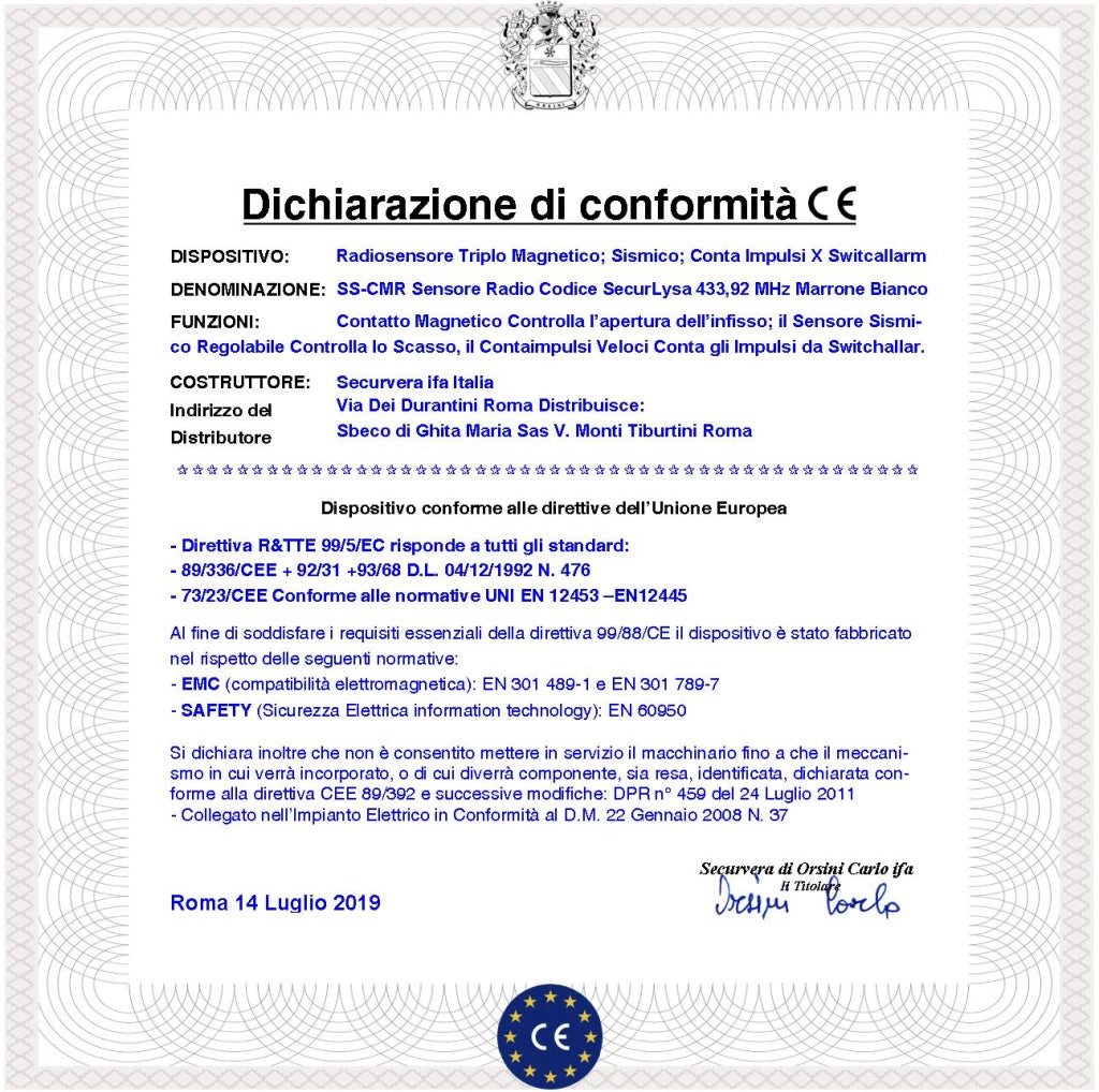 Sensore Scasso Sismico Radio Fr. 433,92 MHz Tre Pezzi Per Antifurto Contatto Magnetico Contaimpulsi Per Switchallarm Ingresso NC Rilevatori Remoti Furto Codice SecurLysa Anticollisione Rileva Trapano