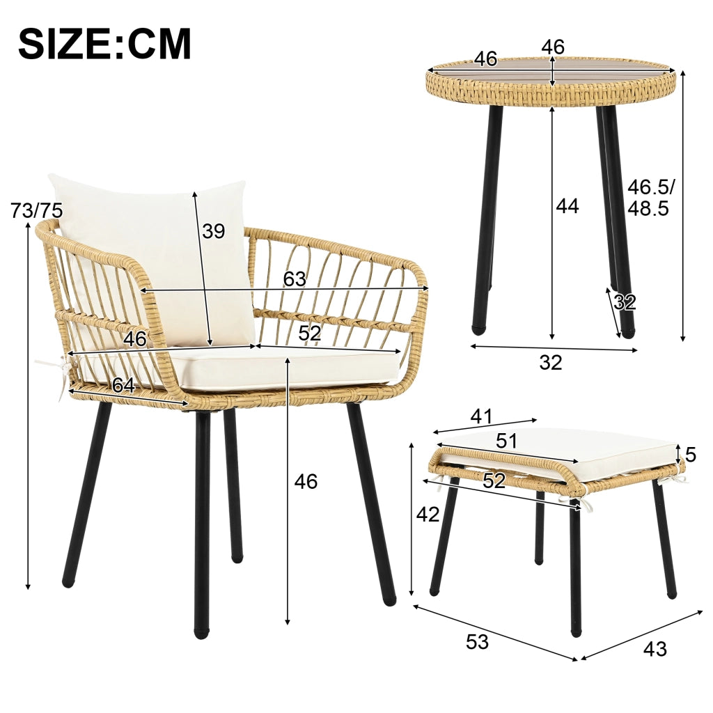 Set da giardino 5 pezzi con tavolo, 2 sedie e 2 sgabelli in rattan bianco e naturale