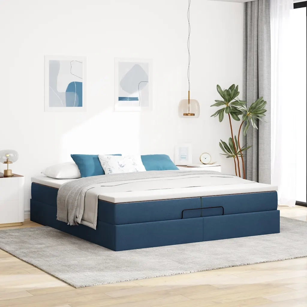 Struttura Letto Pouf con Materassi Blu 200x200 cm in Tessuto