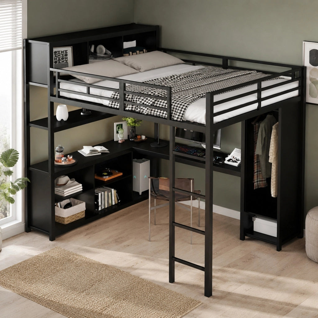 Letto a soppalco 140x200 cm con scrivania; armadio e vani contenitore in metallo e legno; nero