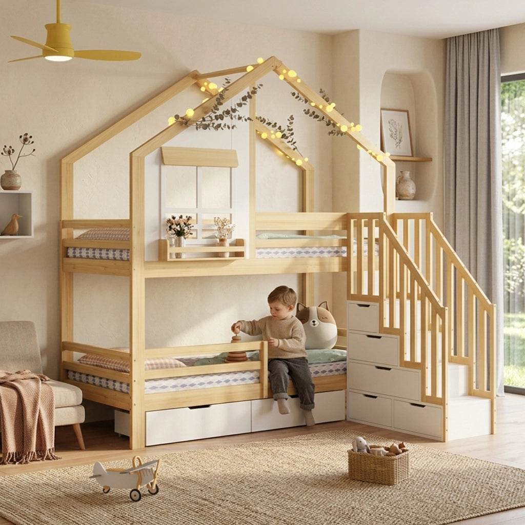 Letto a castello per bambini 90x200 cm in pino e MDF; a casetta; bianco e naturale; con scala contenitore e cassetti