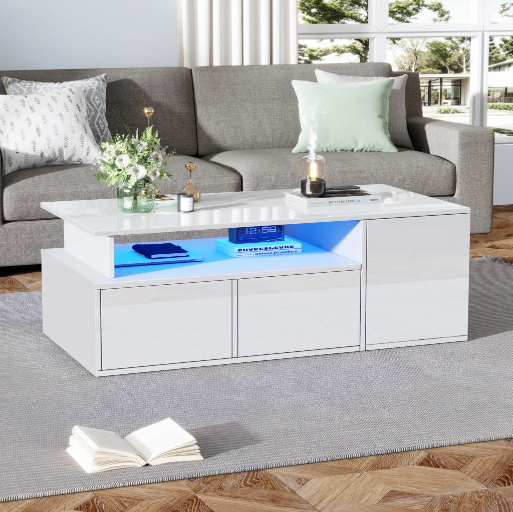 Tavolino da salotto bianco lucido 100 x 50 x 35 cm con LED; 2 cassetti e ripiani