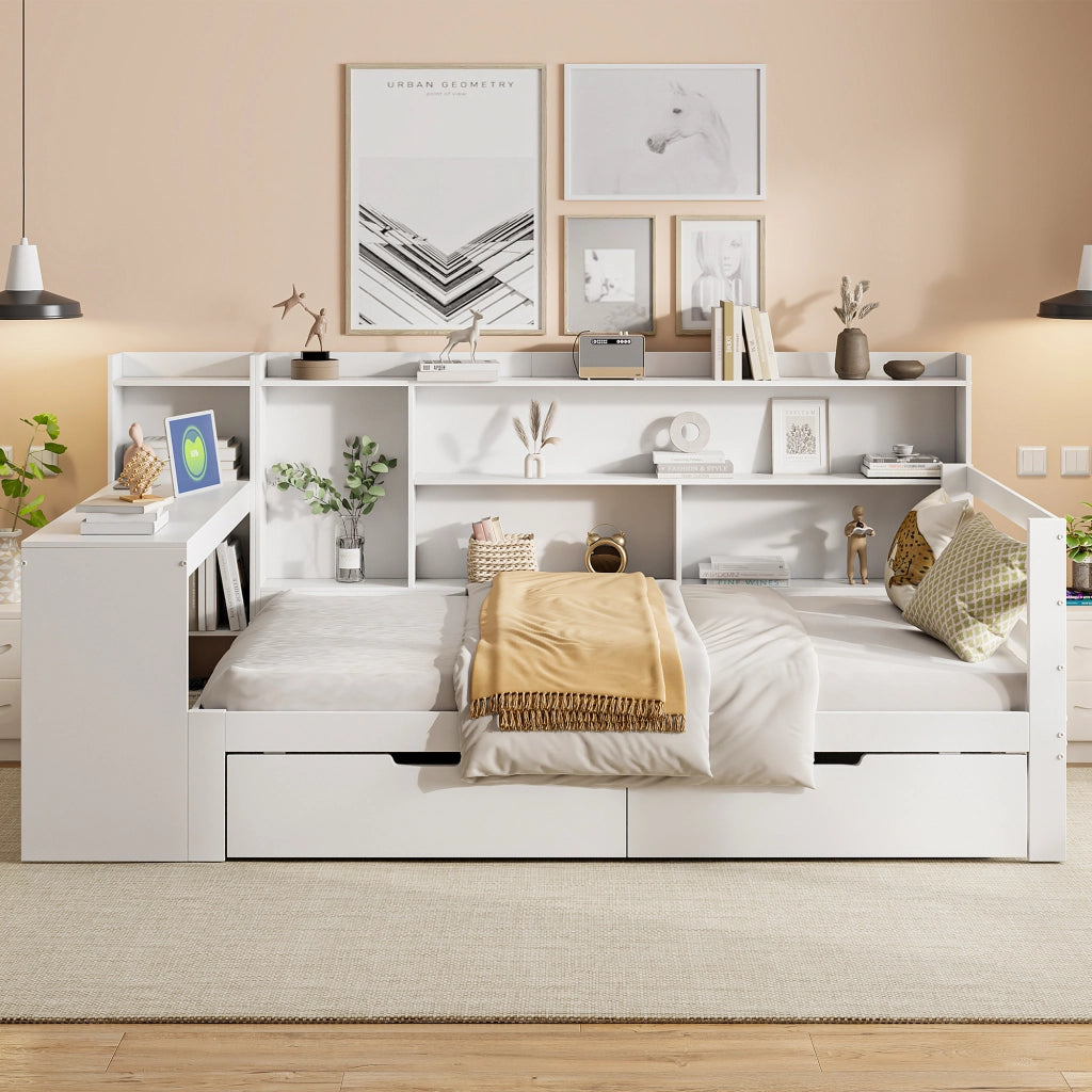 Letto con cassetti 90 × 200 cm con scrivania scaffali prese USB e di corrente rete a doghe in legno bianco